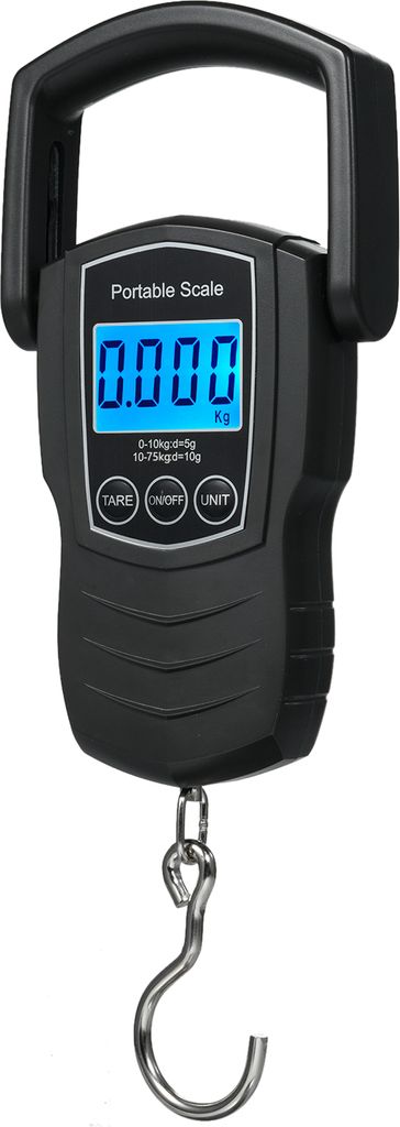 A black portable digital scale with a hook is shown against a white background.