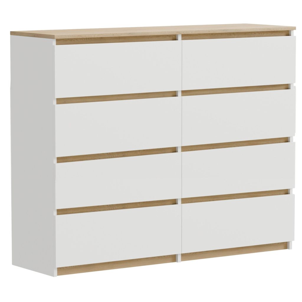 Kommode Weiß Eiche Torro 8 Schubladen matt 100x34x100 cm Produktbild 