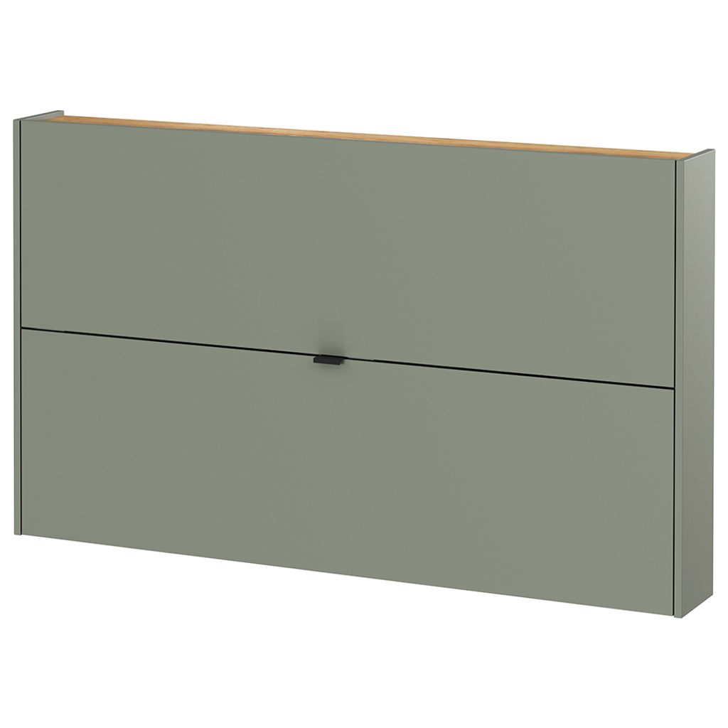 A modern, narrow green wardrobe with a wooden top.