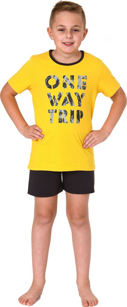 Farbenfroher Jungen Shorty Pyjama kurzarm Schlafanzug in cooler Optik - 505 703 ; gelb , 164