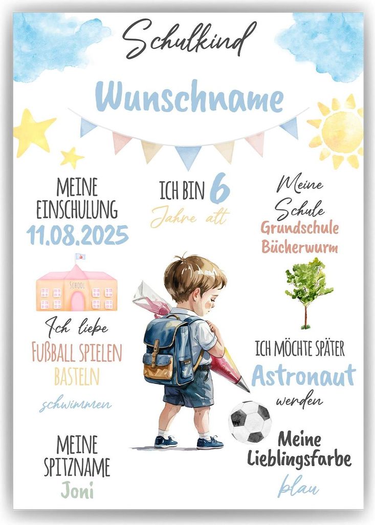 Einschulung Personalisiertes Geschenk Jungen Schulanfang Schultüte Schulanfänger – DIN A4 (21x29.7cm)