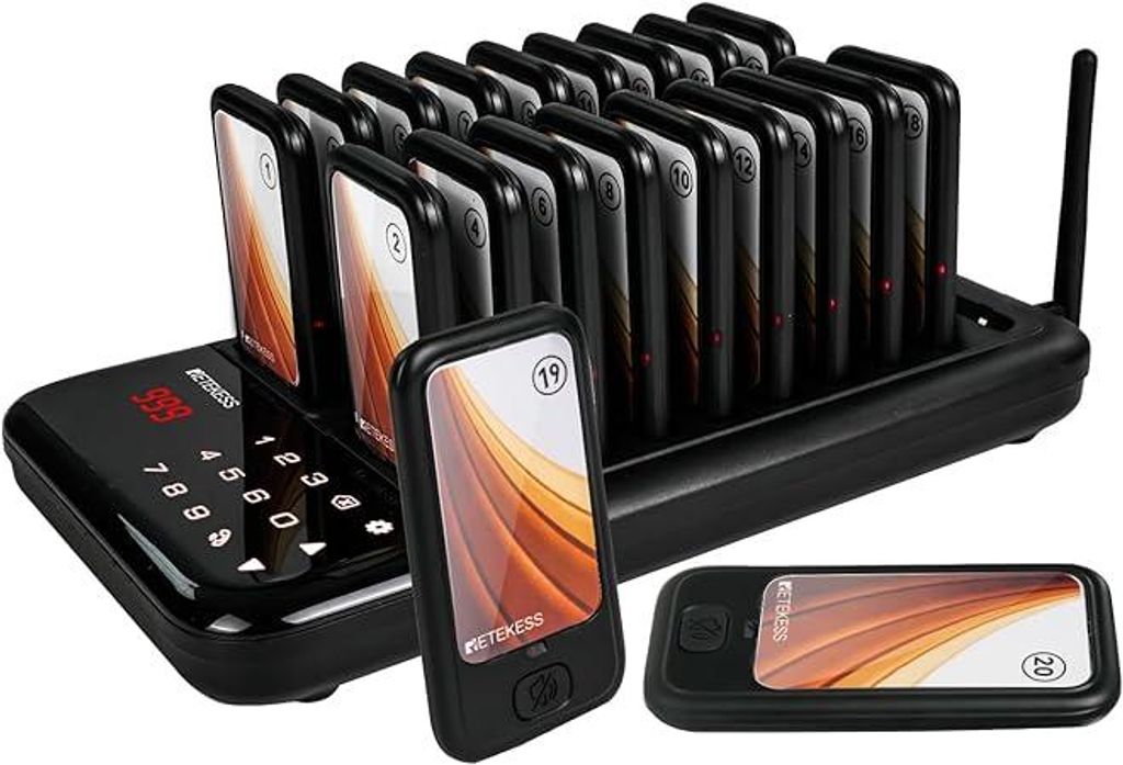 Retekess TD173 Restaurant Pager System, 20Pagers, 500M Pager Rufsystem, 7 Rufmod, 24H, Pager Pieper für Food Court, Hotel, Café, Bar, 998 Kanäle