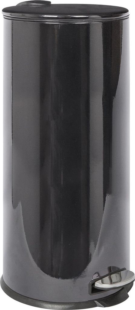 A black stainless steel trash can with a foot pedal.
