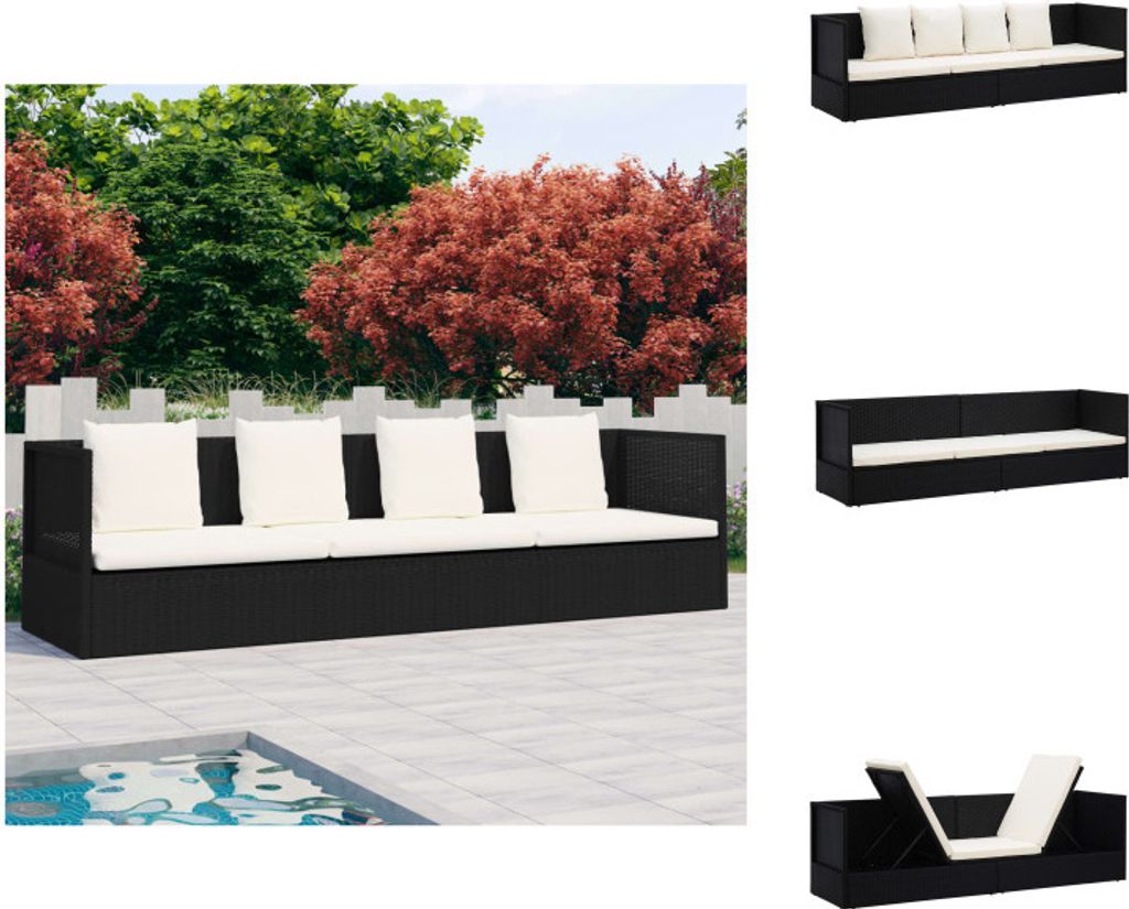 vidaXL Garten-Sofabett mit Kissen Poly Rattan Schwarz - Sonnenliegen