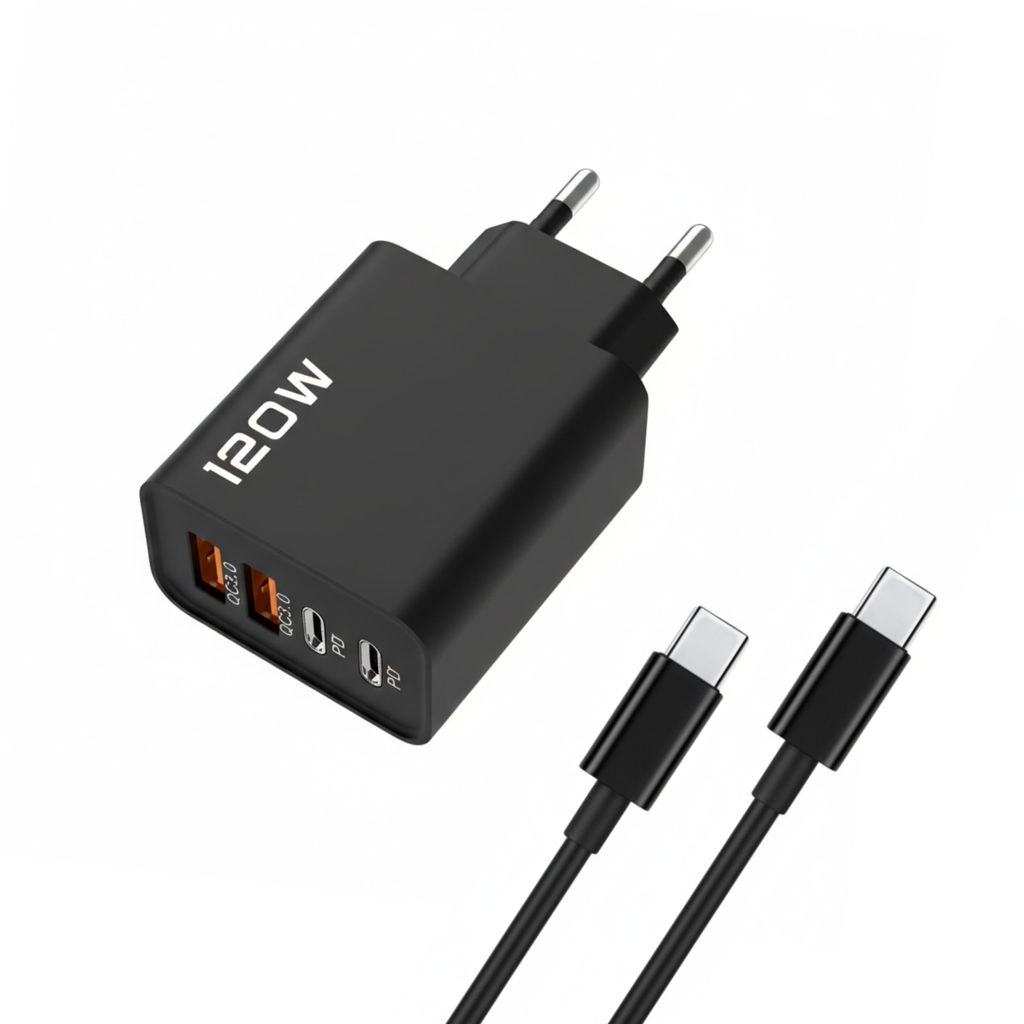 120W USB-C Schnellladegerät inkl. 2m USB-C auf USB-C Ladekabel (60W) – 4-Port Schnellladeadapter (2× USB-C, 2× USB-A) für Smartphone, Tablet ...