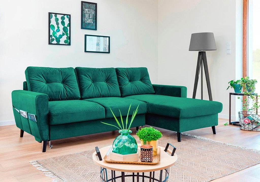 MIUFORM Lars Velours - Ecksofa mit Bettfunktion und Bettkasten - 223x148cm - Flaschengrün - L-Form Rechts - Schlafsofa Couch