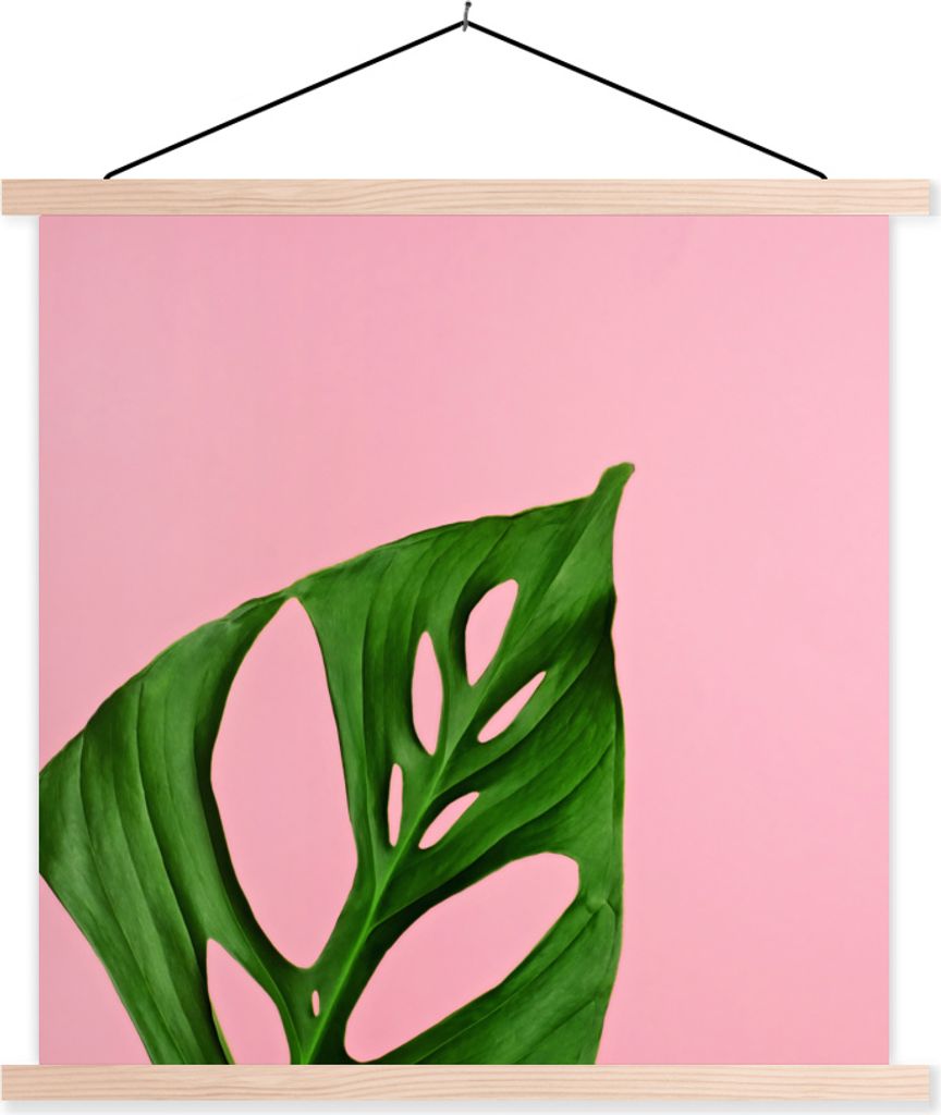 MuchoWow Textilposter Botanisches Blatt auf rosa Hintergrund 120x120 cm mit holzfarbenen Rahmen - Textil-Poster