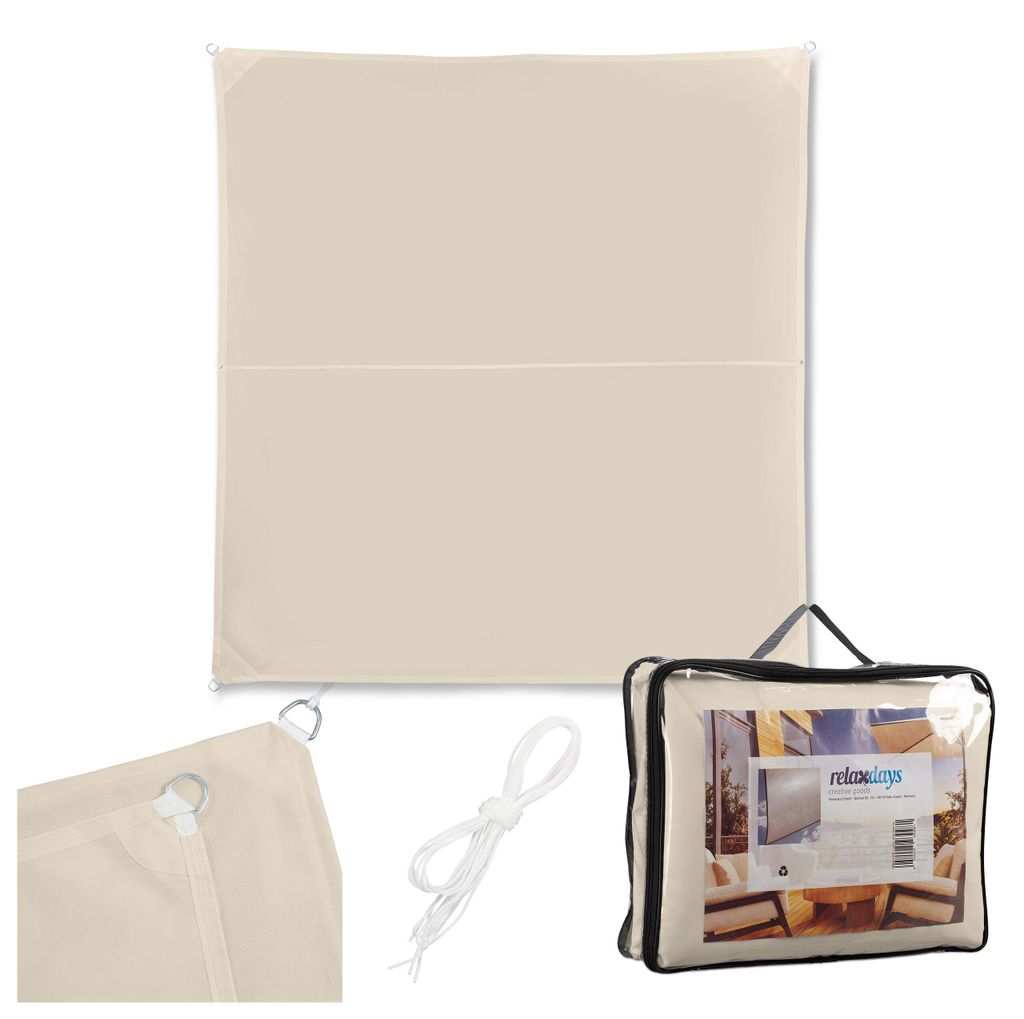 Relaxdays Sonnensegel, 3x3 m, Polyester, wasserdicht, Segeltuch mit Ösen & Spannseilen, Sonnentuch quadratisch, beige