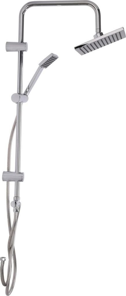 A chrome shower head set with a handheld shower head on a sliding bar, against a white background.