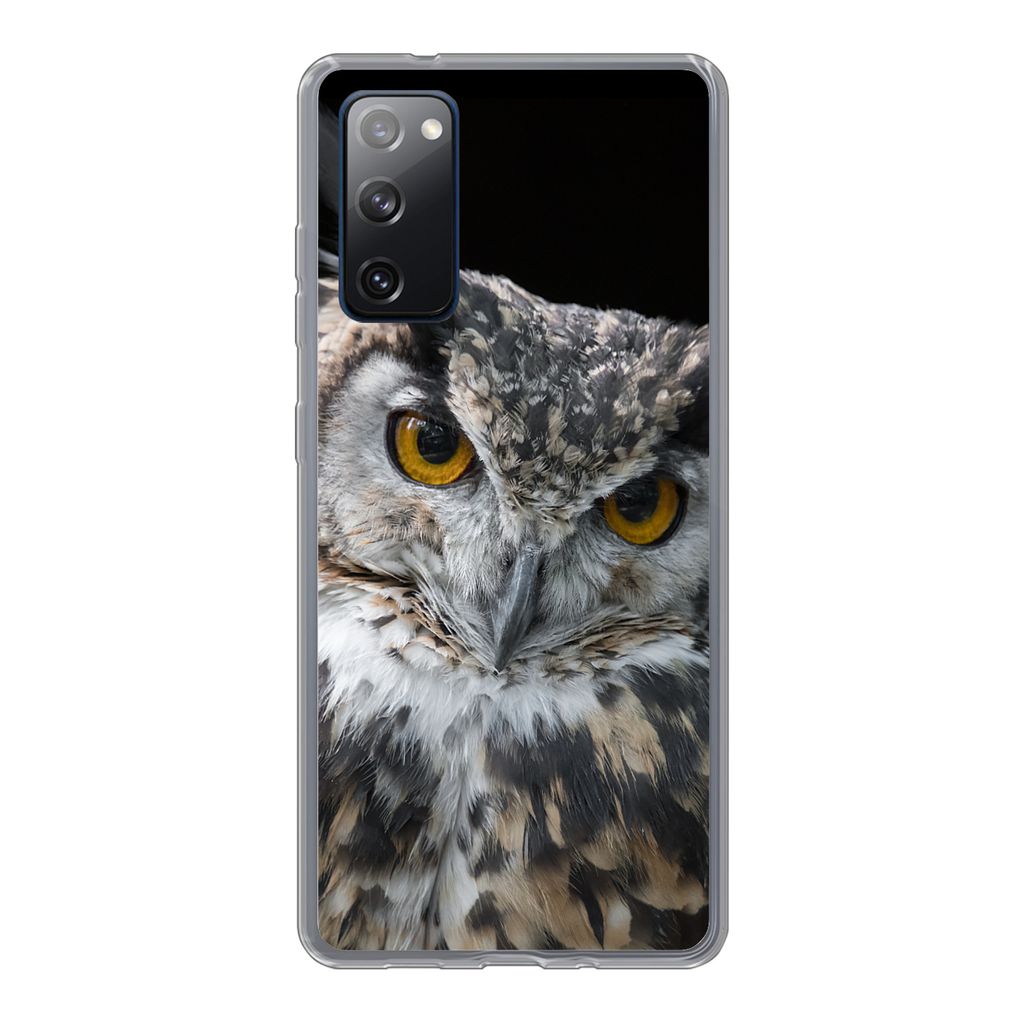 MuchoWow Handyhülle Schutzhülle Hülle für Samsung Galaxy S20 FE Porträt einer braunen Eule auf schwarzem Hintergrund Silikon Softcase Handy ...