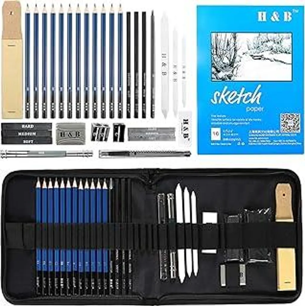 H & B Set di pennarelli professionali Matite da disegno Strumenti da disegno Adatti per artisti, studenti, insegnanti, principianti (incl. album da disegno 33 pezzi) Set professionale con borsa