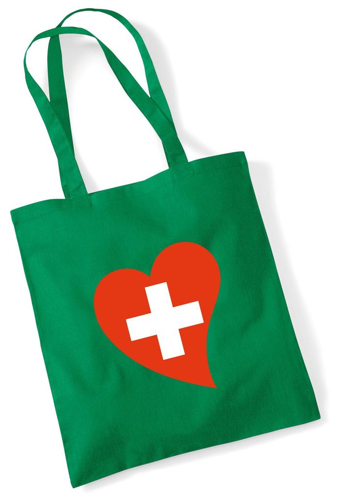 Huuraa Jutebeutel Schweiz Flagge Herz 10 Liter Kelly Green Baumwolle Tasche Geschenkidee