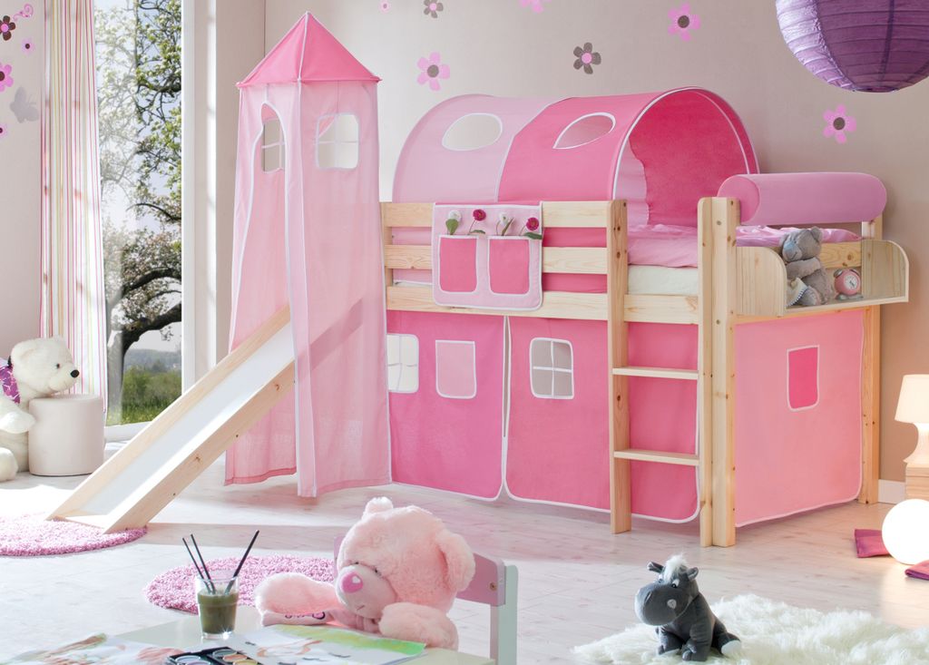 Rutschbett mit Turm "Kasper" Kiefer Natur Classic (Rosa-Pink)