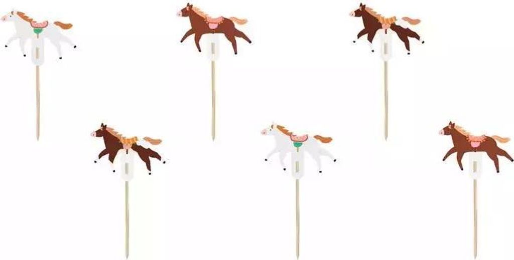 A set of horse-shaped cake toppers on sticks.
