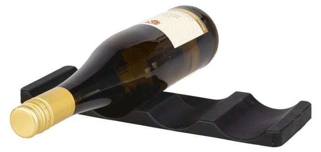 A black wine bottle holder with a bottle of white wine on a white background.