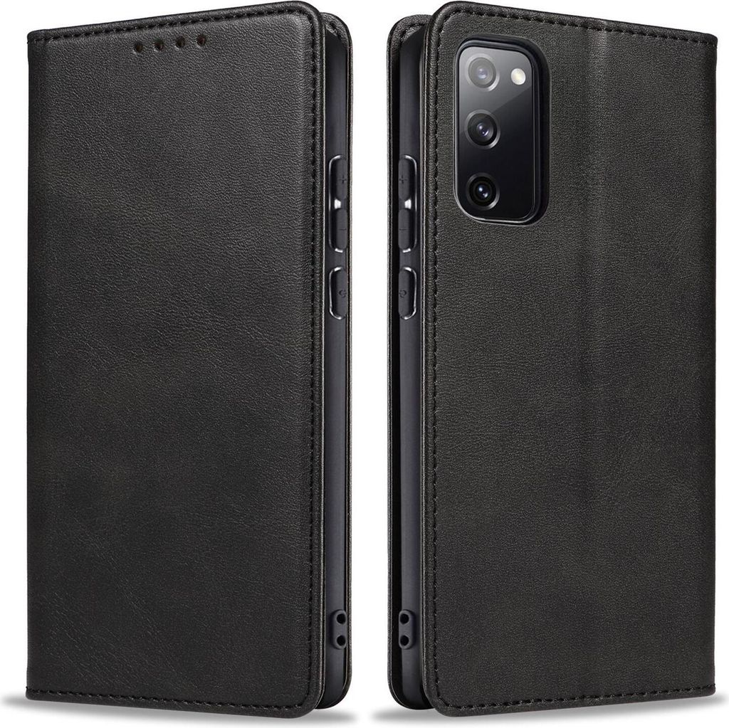 A black leather flip case for a Samsung Galaxy S20 FE phone, shown from the front and back.