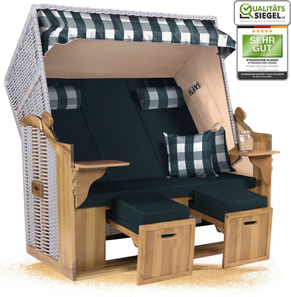 Strandkorb Ostsee 2,5-Sitzer 150cm breit in Beige Grün Weiß Kariert Zerlegt ideal für Balkon, Terrasse oder Garten
