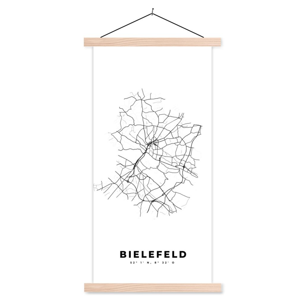 MuchoWow Textilposter Deutschland - Bielefeld - Stadtplan - Karte - Schwarz-weiß - Karte 40x80 cm mit holzfarbenen Rahmen - Wohnzimmer