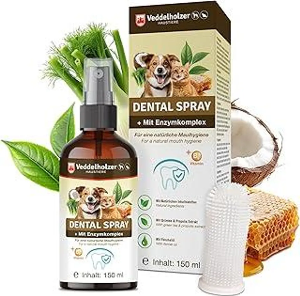Veddelholzer Set spray dentale probiotico da 150 ml per cani e gatti con spazzolino da dito e complesso enzimatico per la cura dei denti, efficace contro l'alitosi, cura naturale dei denti sotto forma di spray - 1