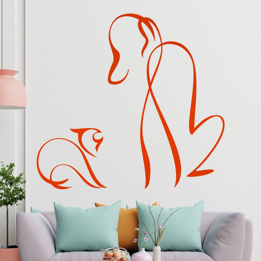 Hund und Katze Linien Wandtattoo in 6 Größen - Wandaufkleber Wall Sticker - Dekoration, Küche, Wohnzimmer, Schlafzimmer, Badezimmer