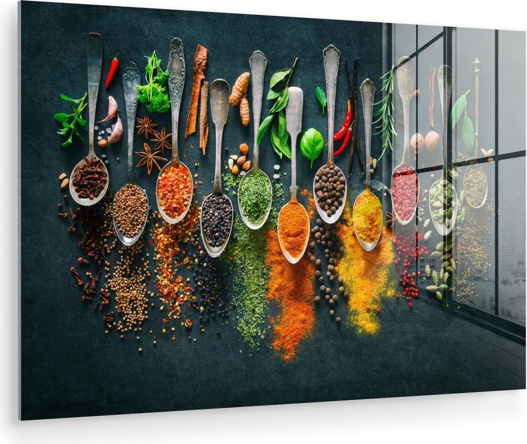MuchoWow Glasbilder - Bilder auf Wandbild - Foto auf Glas Löffel - Gewürze - Farbenfroh - Gewürze 30x20 cm Wanddekoration aus Glas - Acrylglasbi...