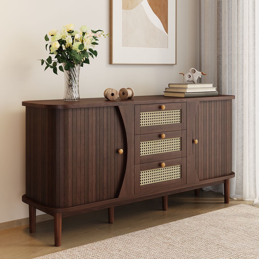 MODFU Kommode Sideboard mit 3 Schubladen und 2 Schiebetüren, Schrank Buffet Rattanschrank für Wohnzimmer, Schlafzimmer, Kinderzimmer, Jugendzimme...