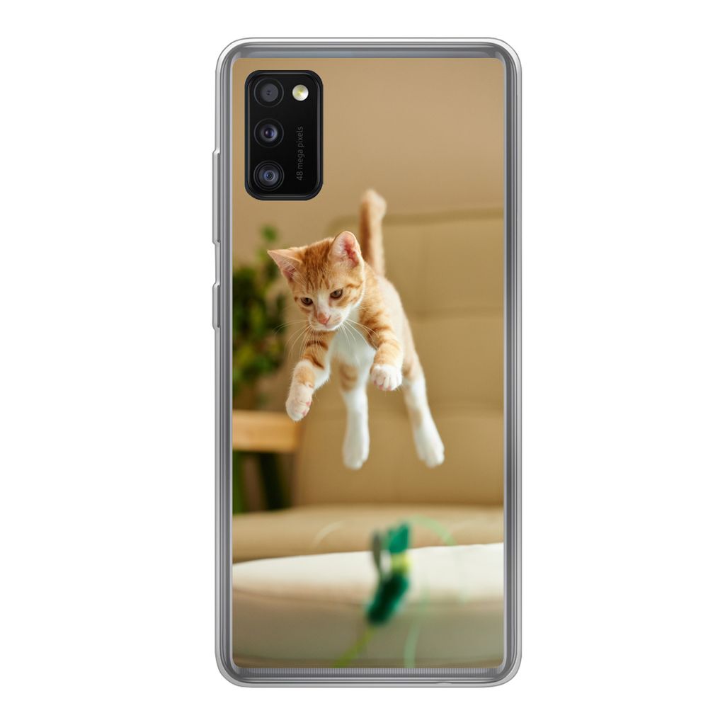 MuchoWow Handyhülle Schutzhülle Hülle für Samsung Galaxy A41 Katze - Springen - Spielzeug Silikon Softcase Handy Hülle - Mobiltelefon