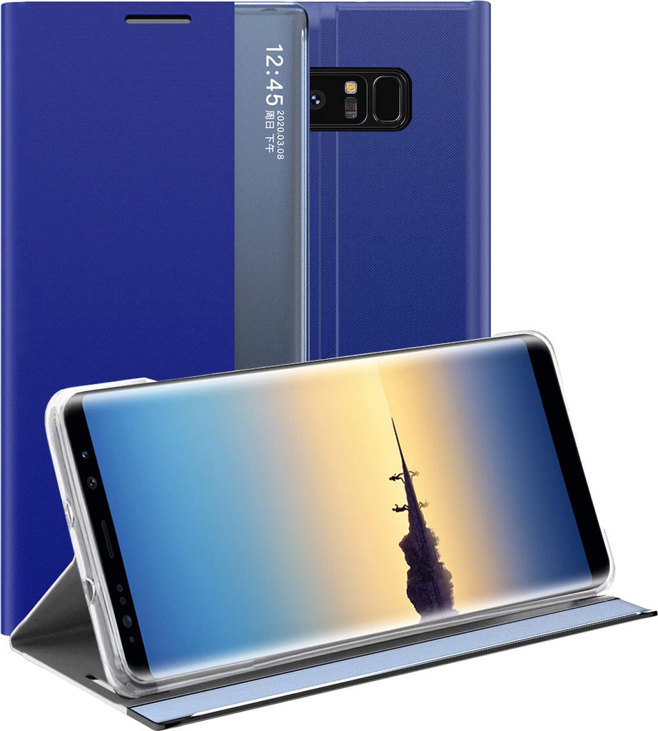 Galaxy Note 8 Hülle, LaimTop Slim Flip Leder Smart View Window Klappetui Schutzhülle mit Standfunktion für Samsung Galaxy Note 8 Blau