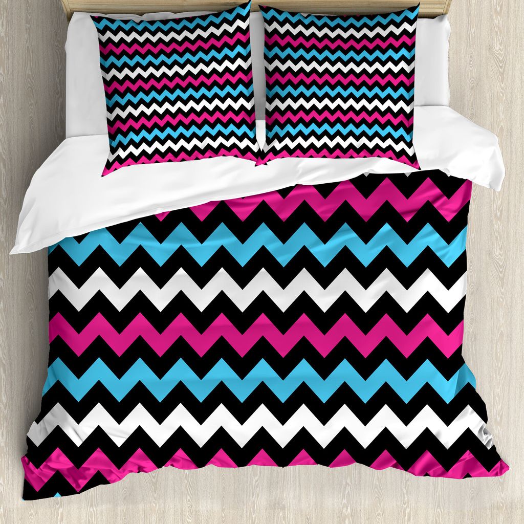 ABAKUHAUS Modern Bettbezug, Zick-Zack-Bunte Twisty, Milbensicher Allergiker geeignet mit Kissenbezügen, 200 cm x 200 cm - 80 x 80 cm, Rosa Himmelb...