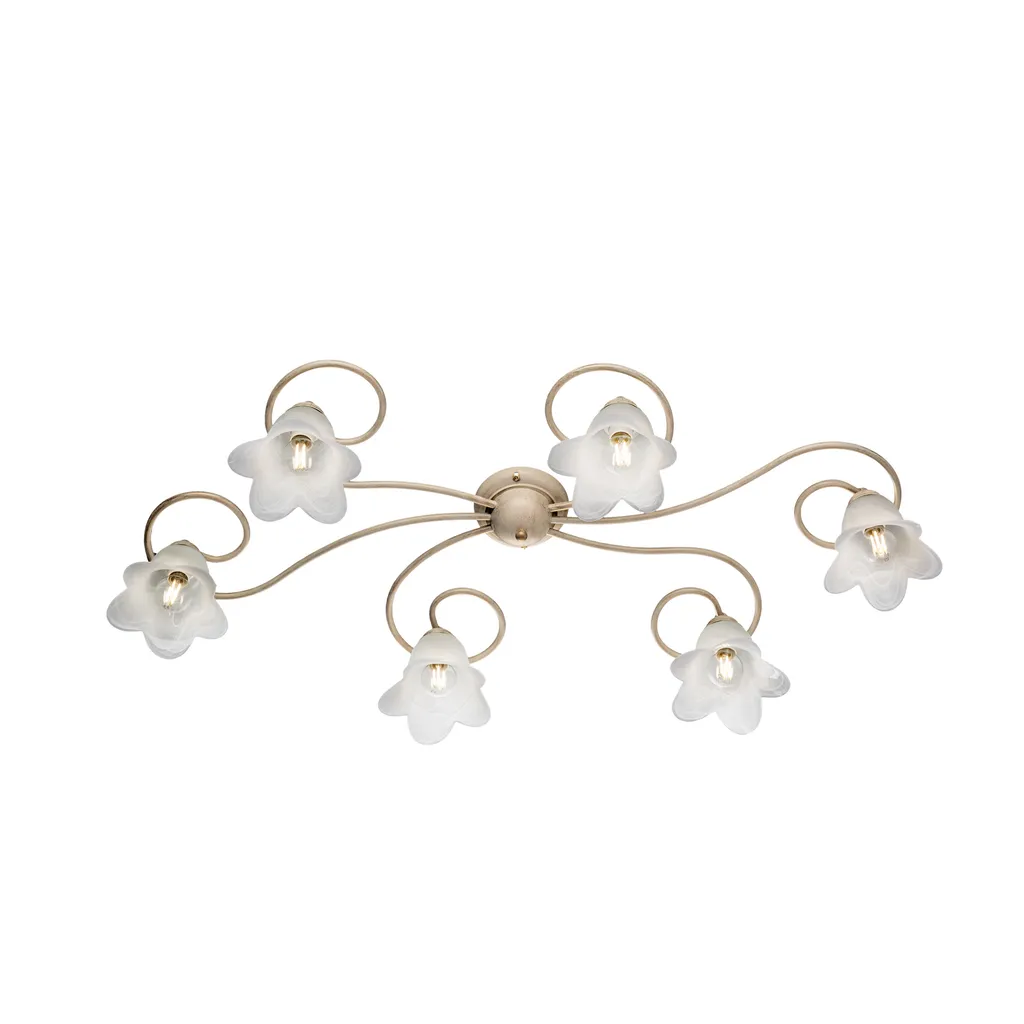 Grand luminaire de plafond style classique, ivoire et or, 6 abat-jours