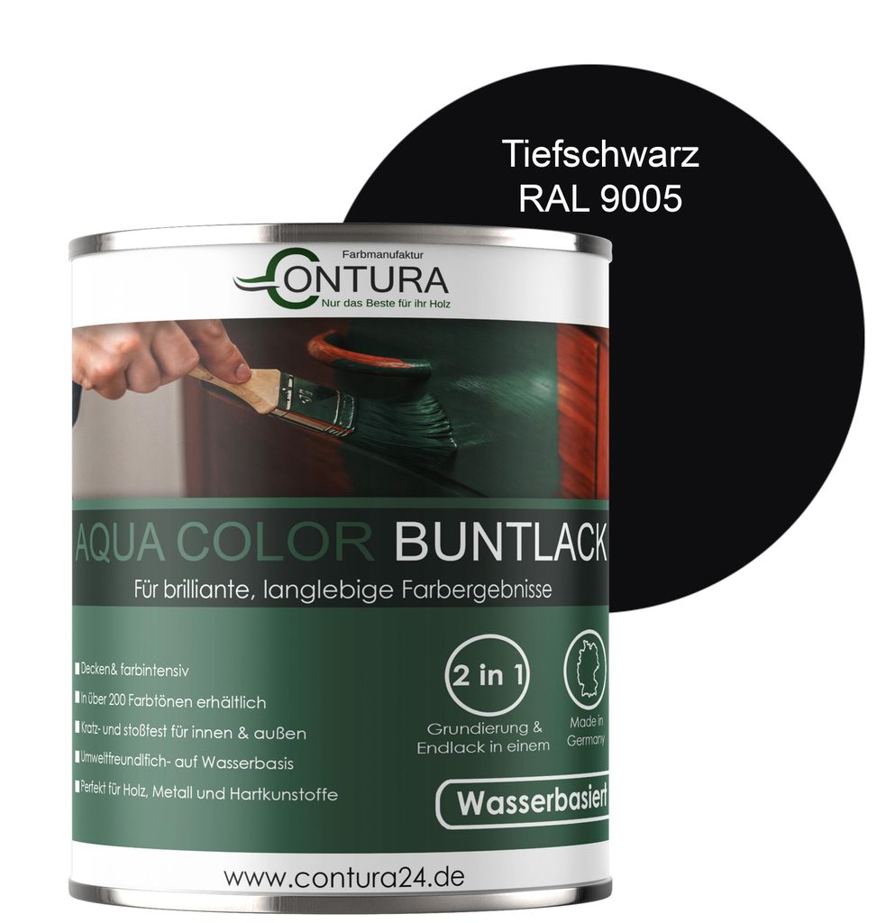 Contura 750ml. Buntlack Lackfarbe Lack Außen Innen Holz Metall Farbe Holzlack Möbellack - Seidenmatt - RAL 9005 Tiefschwarz