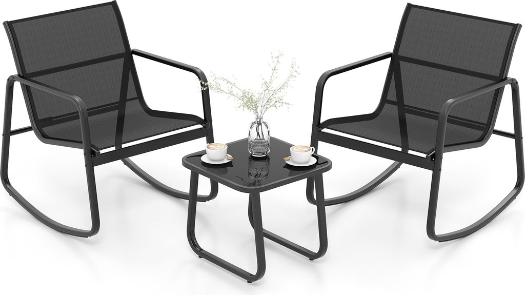 A black rocking chair set with a small table, set against a white background.