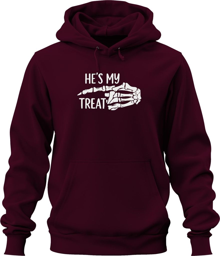 Halloween Skeletthand Paar Spruch He's my treat Lustig Partner Uni Hoodie Kapuzenpullover, Burgundy, XL