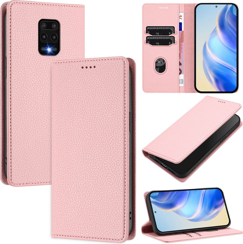 Litchi Leder Handyhülle für Xiaomi Redmi Note 9S/9 Pro/9 Pro Max Wallet Kartenfächer Standfunktion Hülle Pink