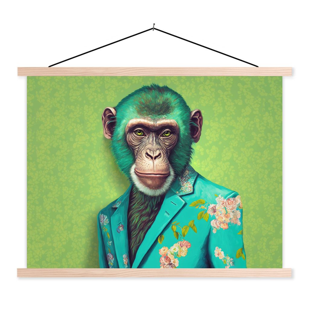 MuchoWow Textilposter Affe - Colbert - Blumen - Neon - Porträt 40x30 cm mit holzfarbenen Rahmen - Bilder