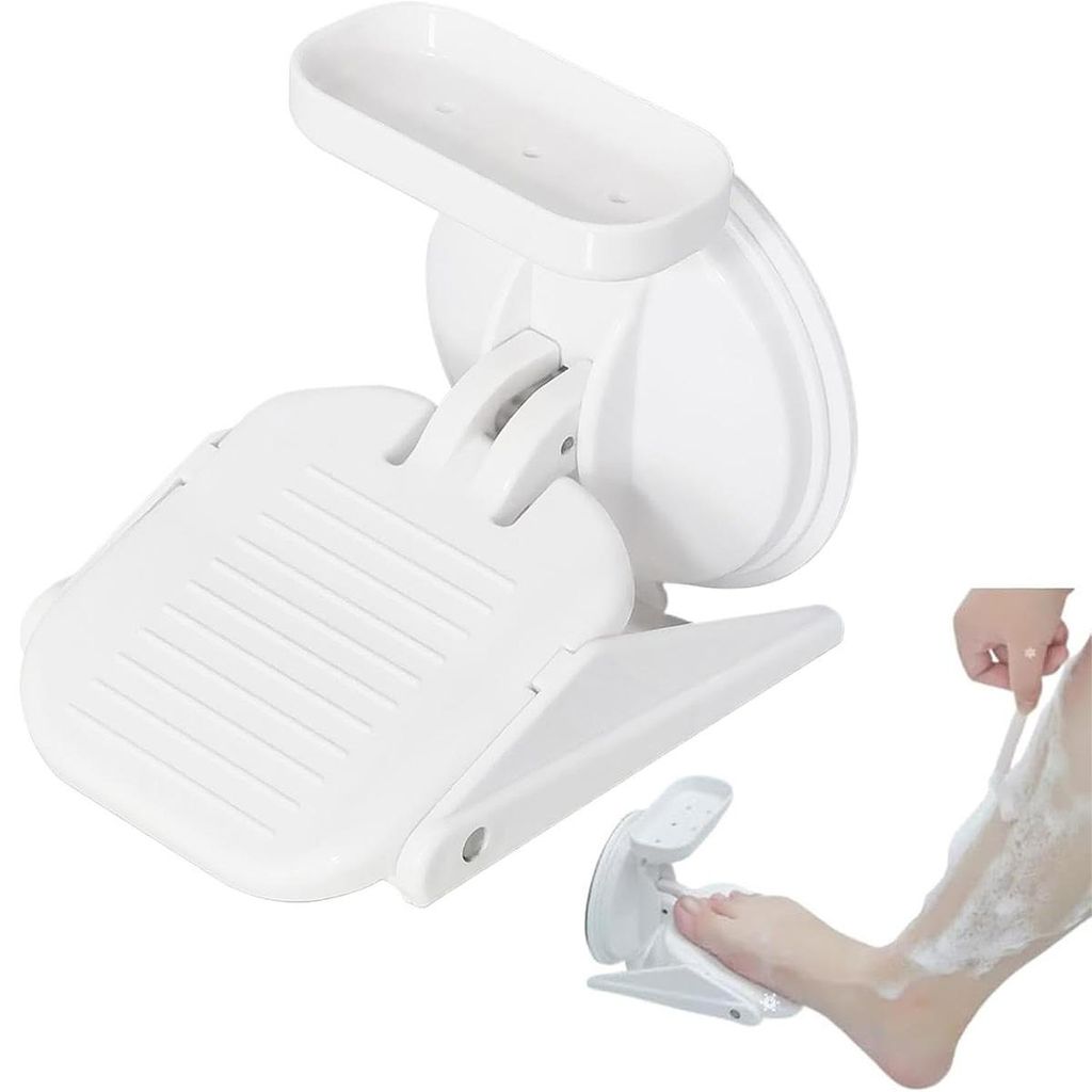 A white shower footrest is shown, with a smaller inset image showing a person using it to shave their leg in the shower.