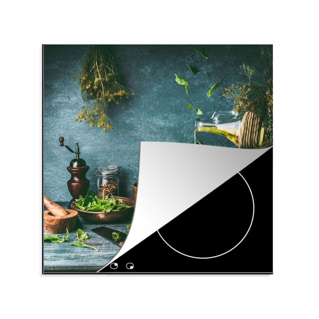 KitchenYeah Herdabdeckplatte Grüner Salat mit Olivenöl auf dem Küchentisch , 78x78cm, Küche Deko, Glaskeramikkochfeld Herdabdeckung, Abdeckpl...