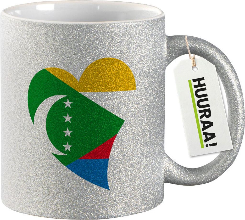 Huuraa Glitzertasse Komoren Flagge Herz 330ml Silber Keramik Kaffeebecher Geschenkidee
