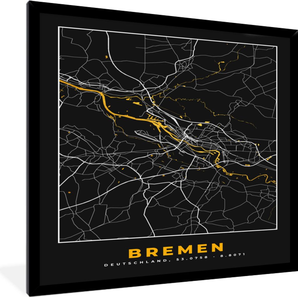 MuchoWow Gerahmtes Poster Bremen - Stadtplan - Deutschland - Karte - Gold 40x40 cm - Poster mit Schwarzem Bilderrahmen Wandposter Rahmen Foto Bil...