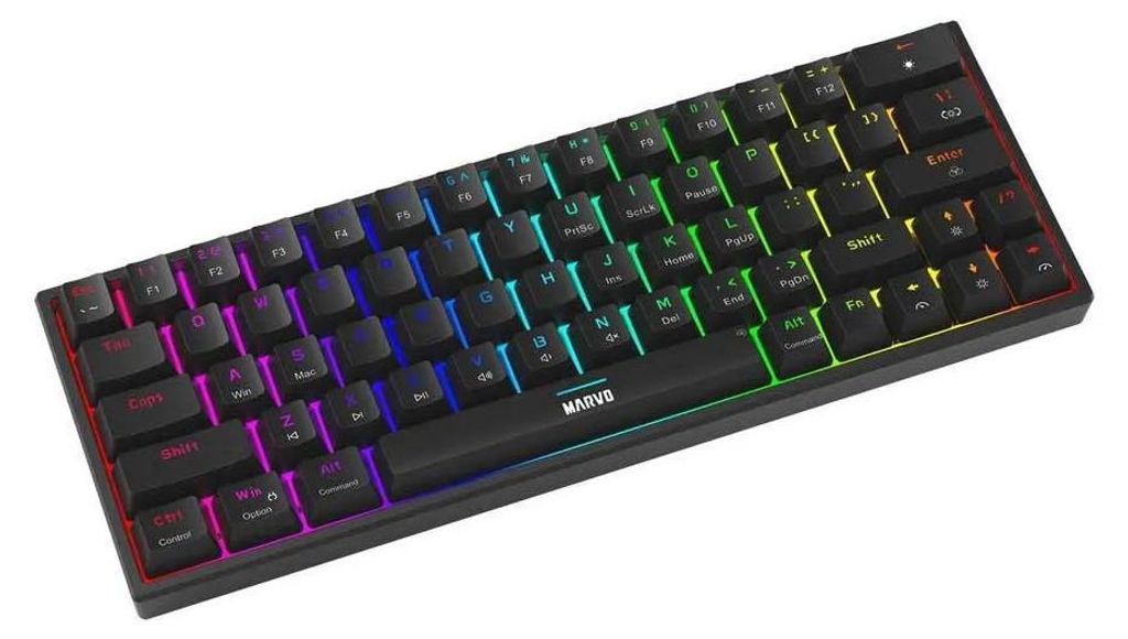 A black gaming keyboard with RGB lighting.