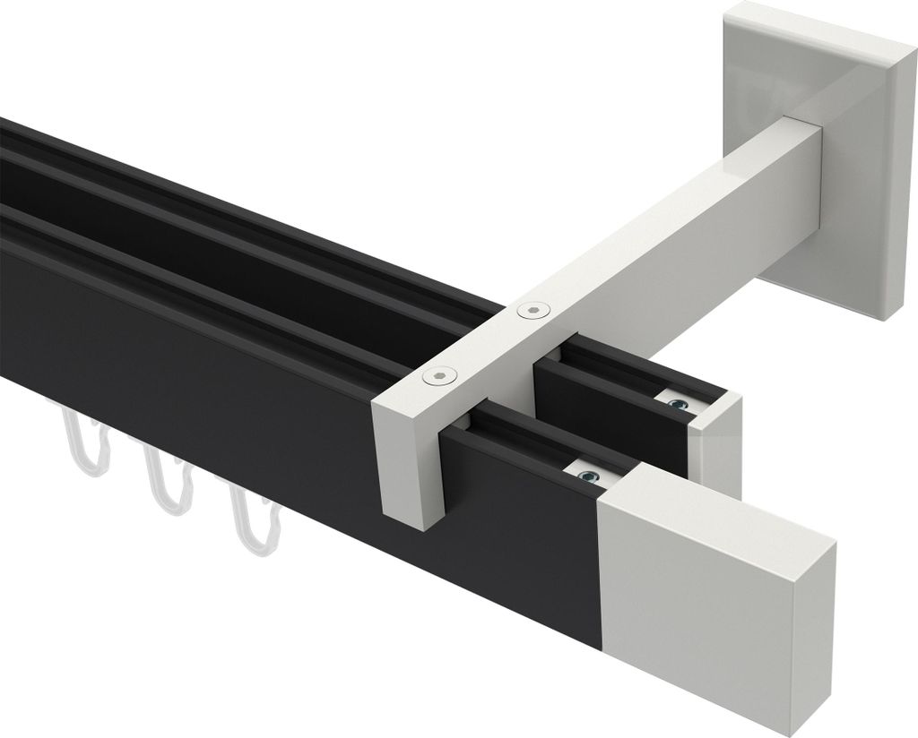 Interdeco Innenlaufstange / Gardinenstange mit Innenlauf Schwarz / Weiß, Typ Smartline Lox (Quader), 14x35 mm 2-läufig, 360 cm