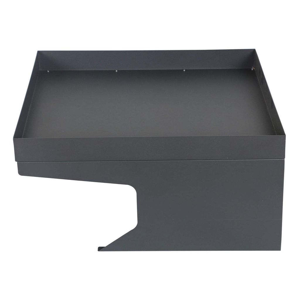 A dark gray metal garage for a robotic lawnmower, shown from a slightly elevated front-left angle against a white background.