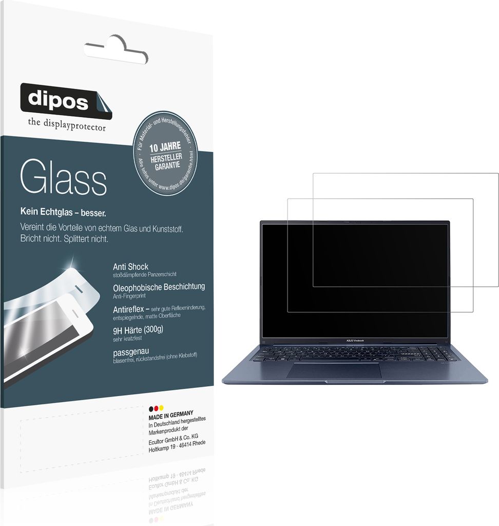 2x Schutzfolie für Asus Vivobook 15 matt - Anti-Shock 9H Folie dipos Glass Kunststoffglas