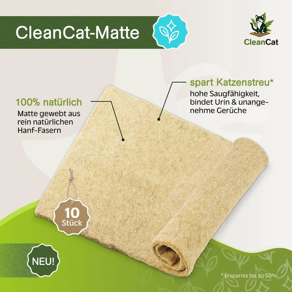 Tappetino in canapa CleanCat - ricambio per lettiera per gatti HANF | lettiera per gatti che neutralizza gli odori | tappetino per gattisenza polvere per lettiera per gatti | tappetino per gatti tagliabile a misura | tappetino per gatti naturale, altezza:5 mm , set:10 pezzi in un set - 2