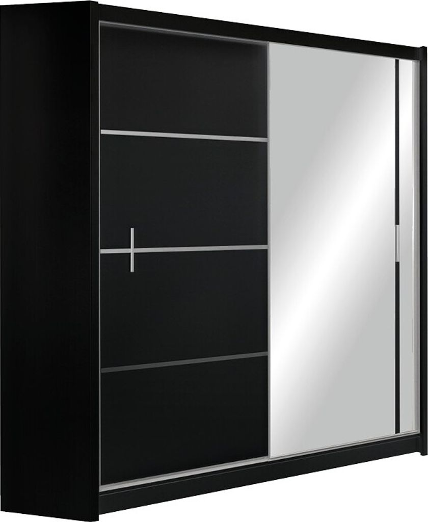 Furniture24 Kleiderschrank Vista 180 Schwebetürenschrank Schrank mit Schiebetür 2 Kleiderstangen 5 Einlegeboden Schwarz mit Spiegel , 151 cm breit
