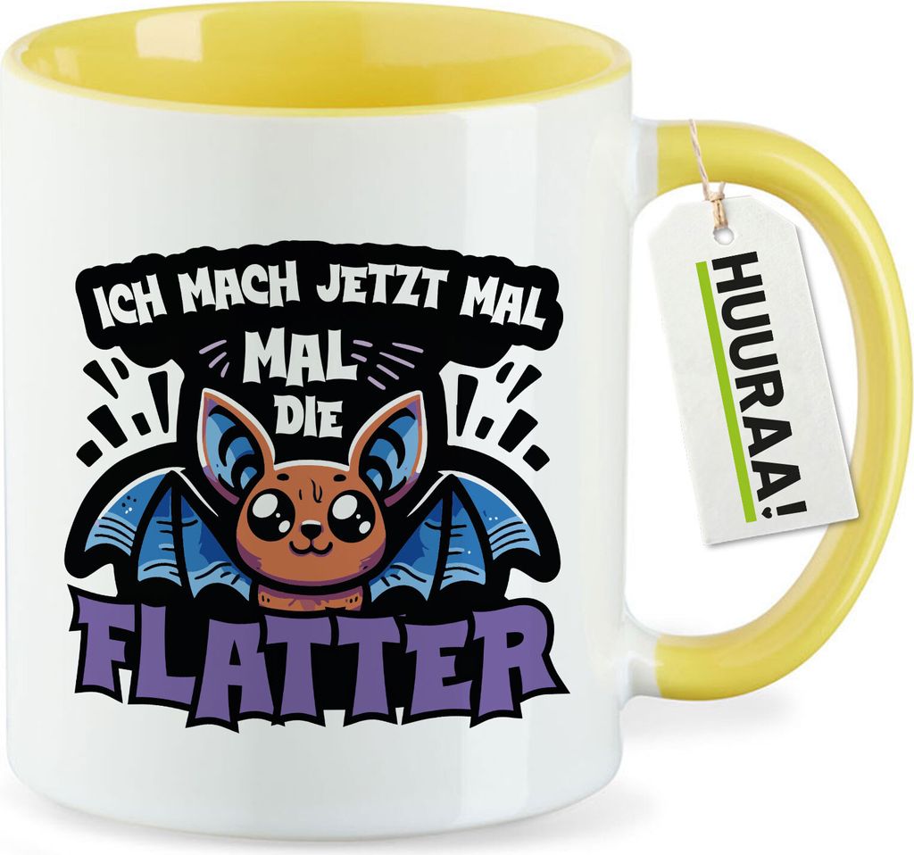 Huuraa Kaffeetasse Ich mach jetzt die Flatter Fledermaus 330ml Gelb Keramik Kaffeebecher Geschenkidee