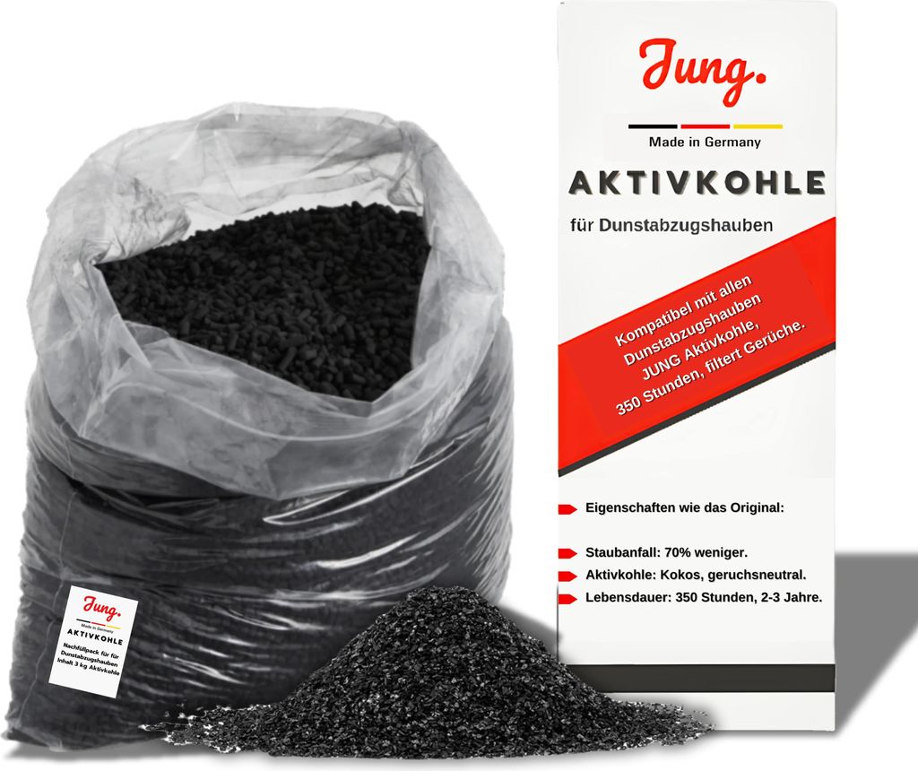 JUNG Aktivkohle Nachfüllpack Kompatibel mit allen Dunstabzugshauben, Zubehör für Dunstabzugshauben, Inhalt 2,5kg , Kohlefilter