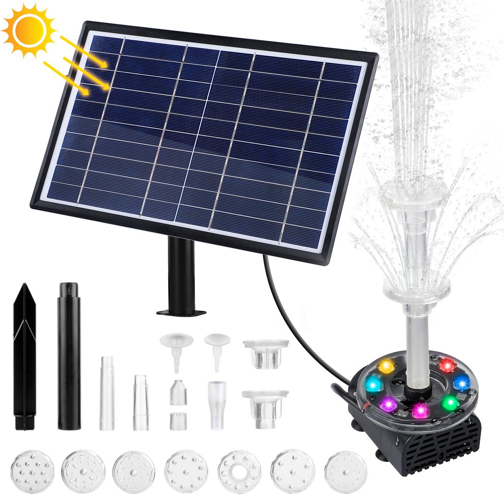 A solar-powered fountain pump with multiple nozzle attachments and LED lights.