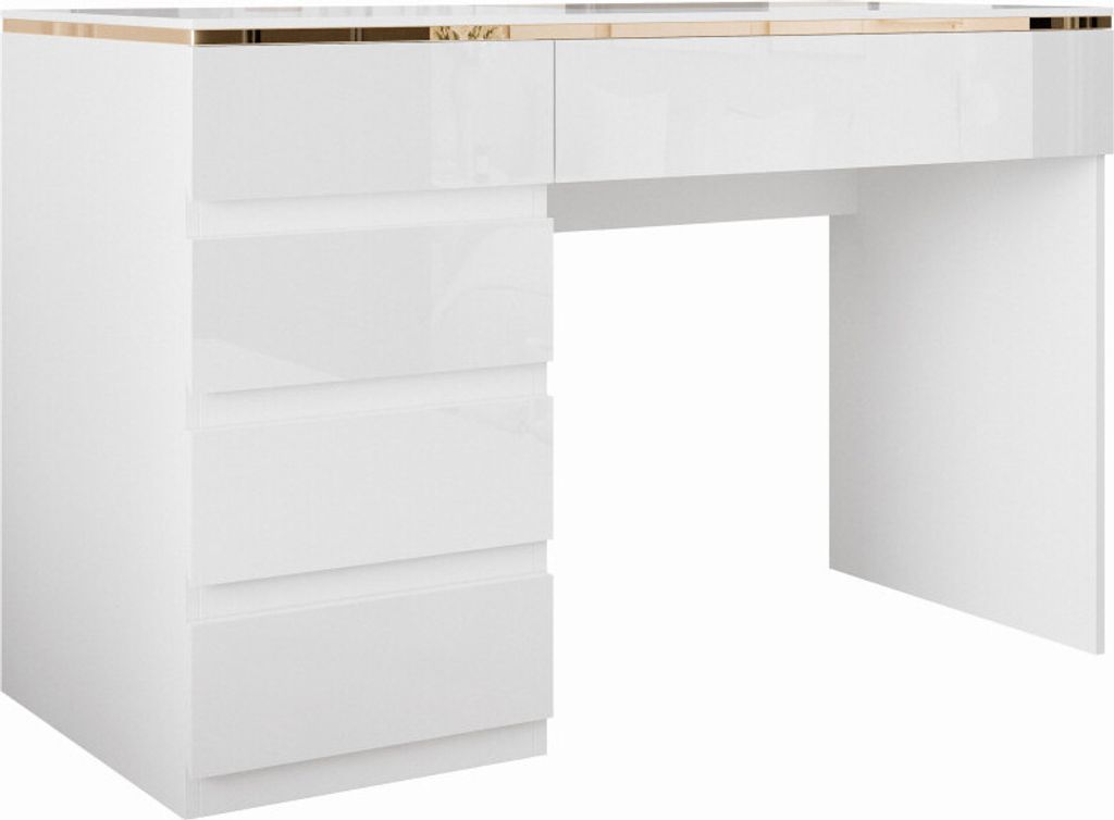 A white high-gloss desk with drawers and a gold trim on a white background.