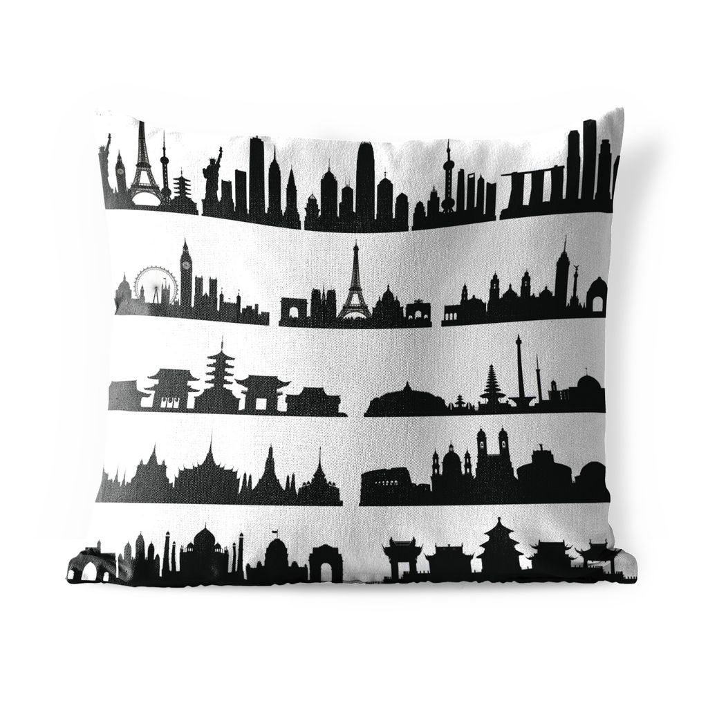 MuchoWow Outdoor Kissen - Schwarz-Weiß-Illustration der Stadt Skyline mit Sehenswürdigkeiten - 45x45 cm - Wetterfest - Lounge Kissen - Fotokiss...